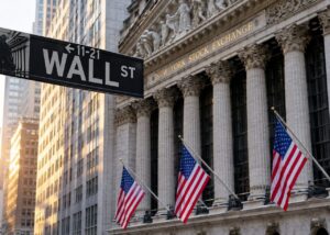 Generated illustration of a Wall Street sign and New York Stock Exchange facade.