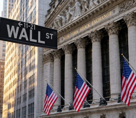 Generated illustration of a Wall Street sign and New York Stock Exchange facade.