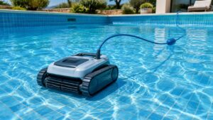 AI-generated unbranded pool-robot illustration, not a Maytronics product photograph.