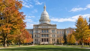 AI-generated editorial illustration of a Michigan-inspired state capitol building in autumn.