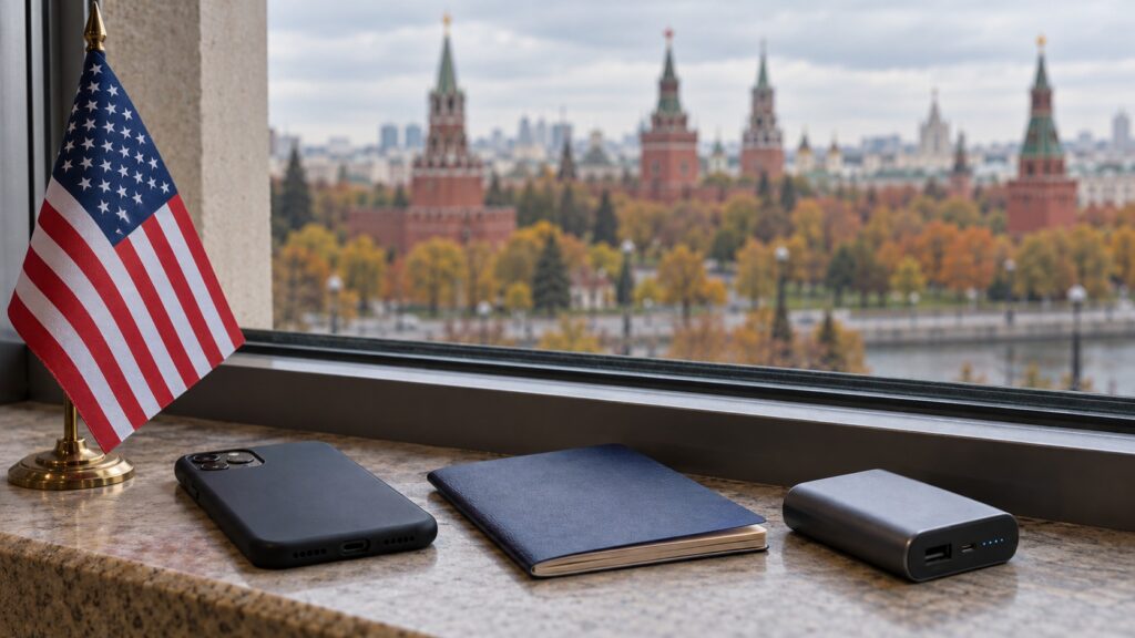 U.S. desk flag, phone, notebook and power bank beside a window.