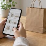Hands holding a phone displaying household goods beside a paper shopping bag.