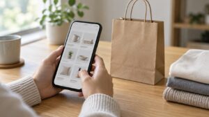 Hands holding a phone displaying household goods beside a paper shopping bag.