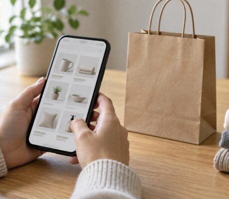 Hands holding a phone displaying household goods beside a paper shopping bag.