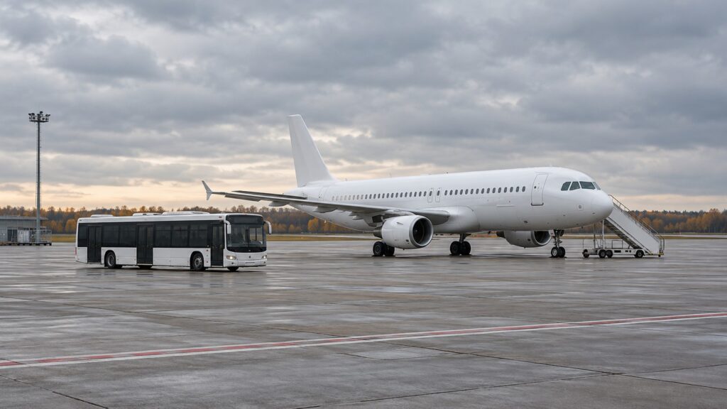 Passenger aircraft and airport bus on a wet apron.
