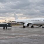 Passenger aircraft and airport bus on a wet apron.