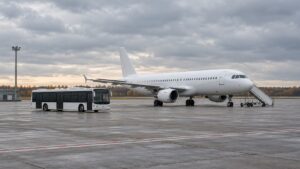 Passenger aircraft and airport bus on a wet apron.