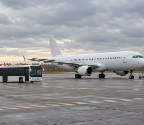 Passenger aircraft and airport bus on a wet apron.