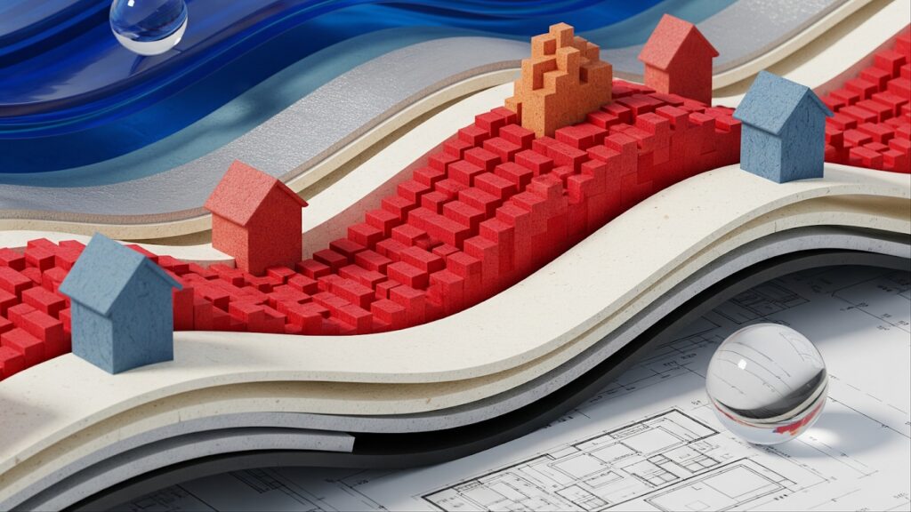 Google DeepMind illustration of houses on layered terrain above architectural plans.