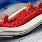 Google DeepMind illustration of houses on layered terrain above architectural plans.