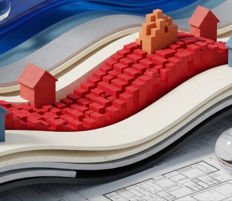 Google DeepMind illustration of houses on layered terrain above architectural plans.