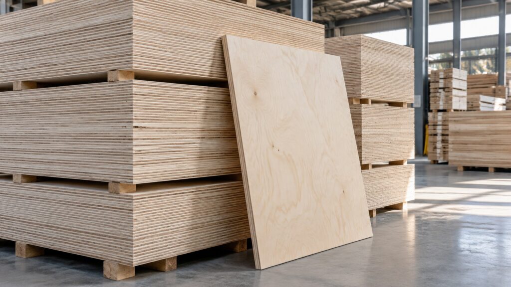 Stacked plywood panels in an industrial warehouse.