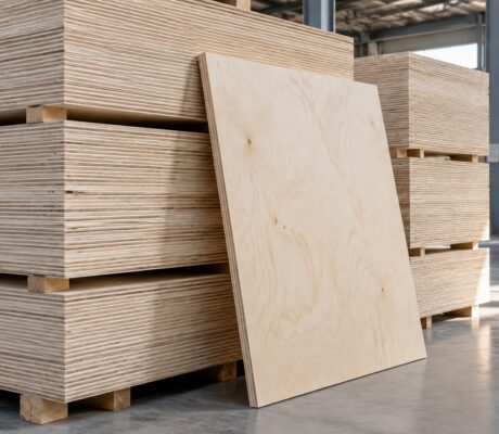 Stacked plywood panels in an industrial warehouse.