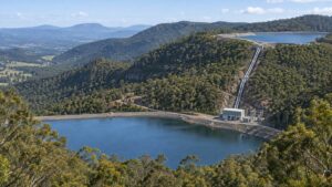 AI-generated illustration of a generic pumped-hydro landscape, not the Oven Mountain project.