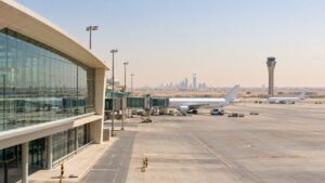 AI-generated generic airport illustration, not a photograph of King Khalid International Airport.