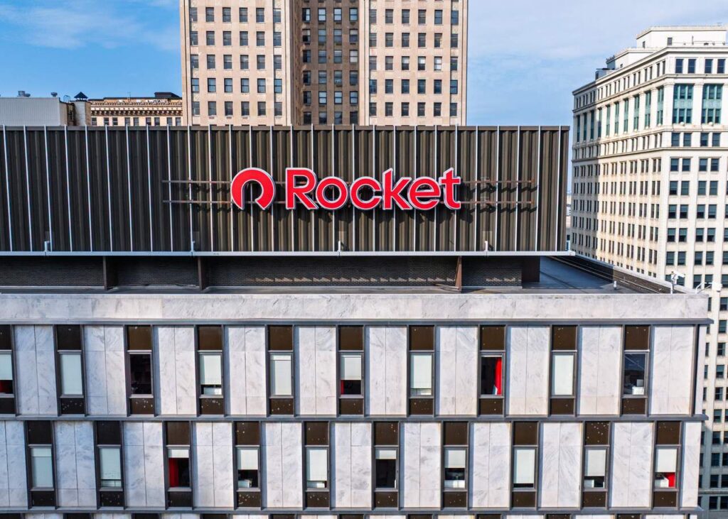 Rocket signage on the exterior of The Qube. Company photograph, cropped.