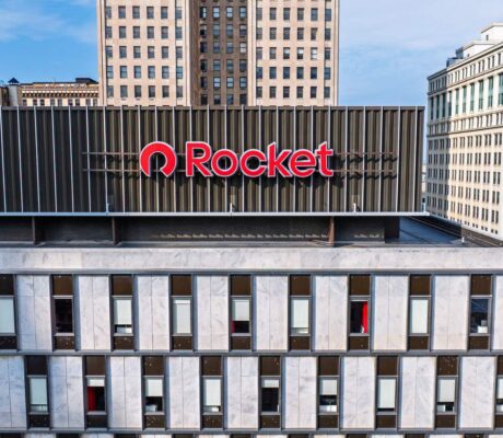 Rocket signage on the exterior of The Qube. Company photograph, cropped.