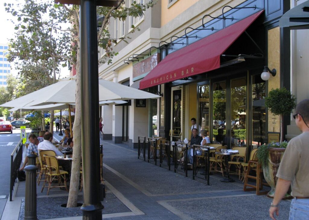 Storefront and outdoor dining at Santana Row, San Jose, September2004. Archive photograph.