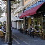 Storefront and outdoor dining at Santana Row, San Jose, September2004. Archive photograph.