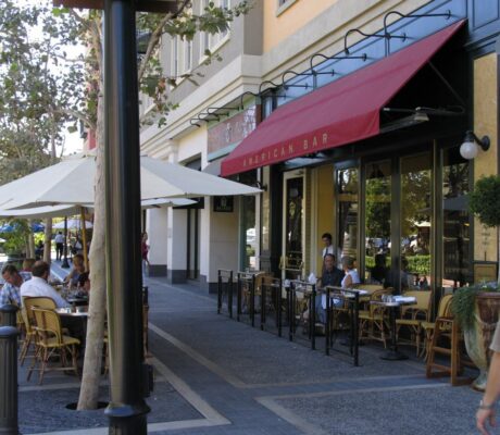 Storefront and outdoor dining at Santana Row, San Jose, September2004. Archive photograph.