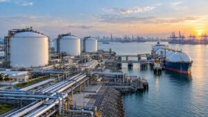 AI-generated illustration of LNG infrastructure, not a specific real facility or event.