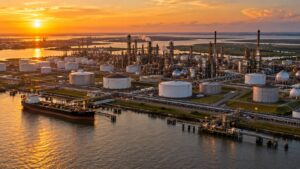 AI-generated illustration of a Gulf Coast refinery, not a photograph of the Phillips 66 facility.