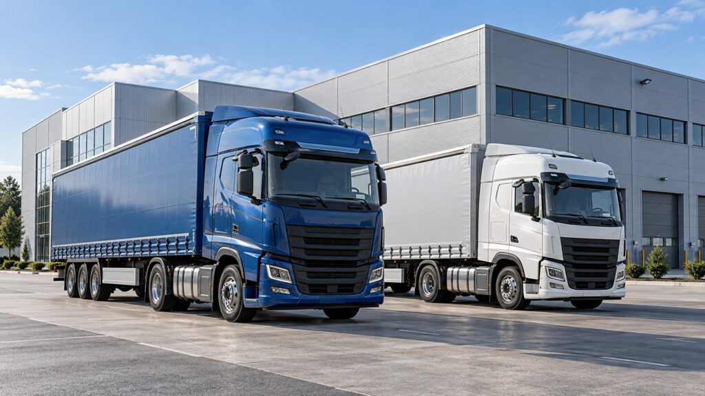 Blue and white commercial trucks outside an industrial building.