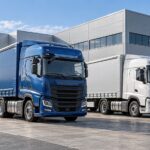 Blue and white commercial trucks outside an industrial building.