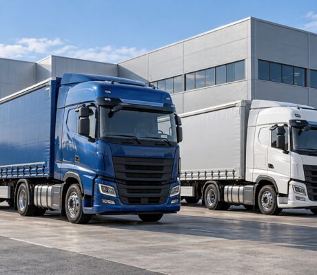 Blue and white commercial trucks outside an industrial building.