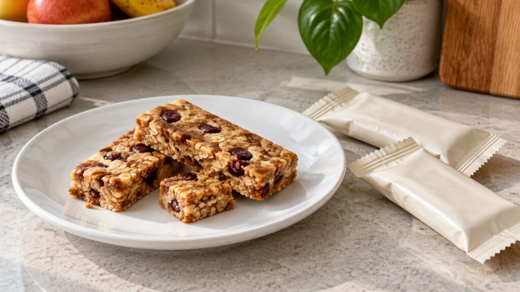 Snack bars on a plate beside plain wrappers.