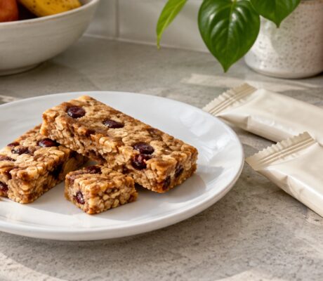 Snack bars on a plate beside plain wrappers.