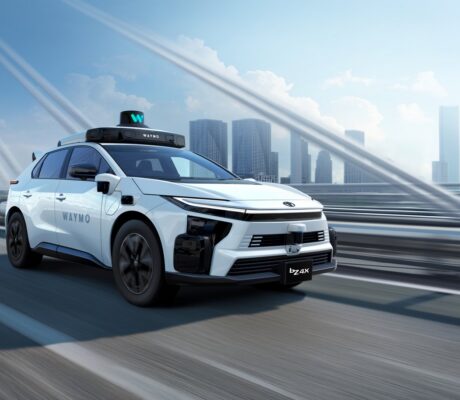 Toyota-supplied promotional image of a bZ4X fitted with Waymo autonomous-driving hardware.