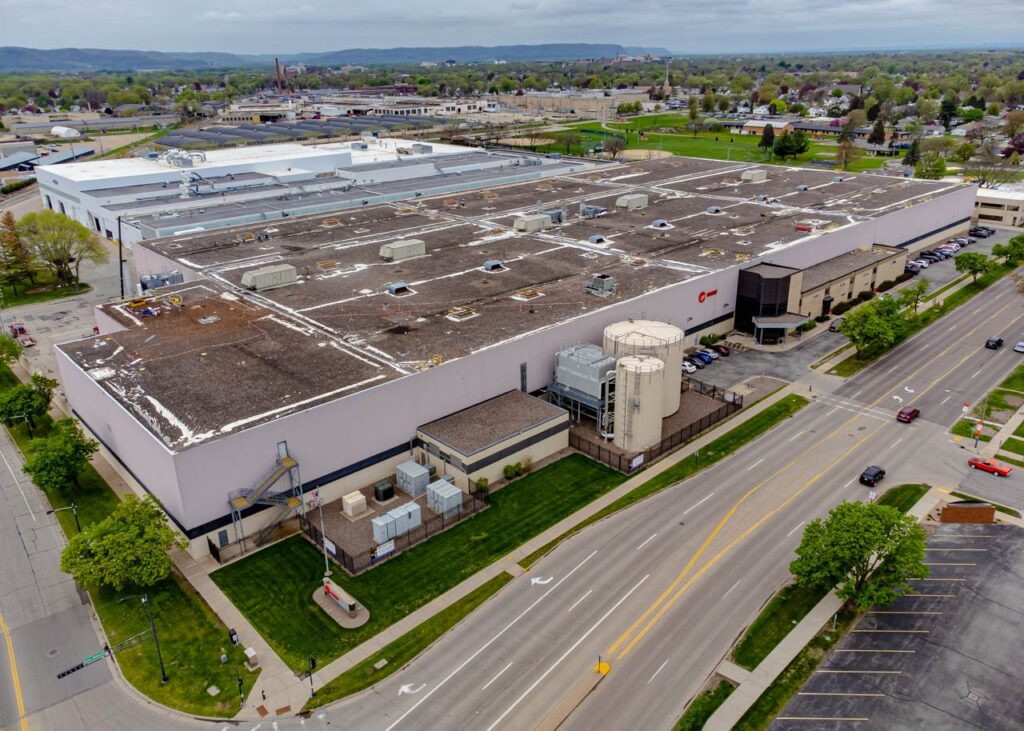 Archive aerial photograph of Trane plant buildings in May 2023; not the current earnings announcement or company headquarters.