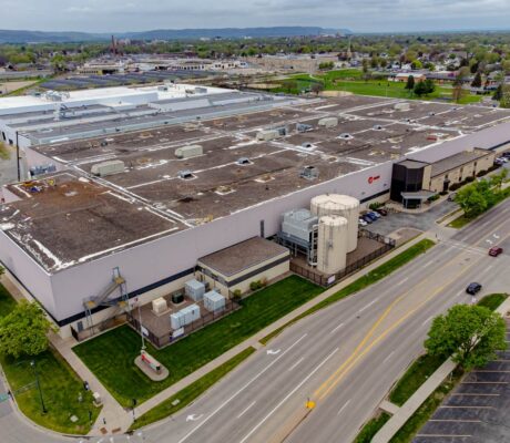 Archive aerial photograph of Trane plant buildings in May 2023; not the current earnings announcement or company headquarters.