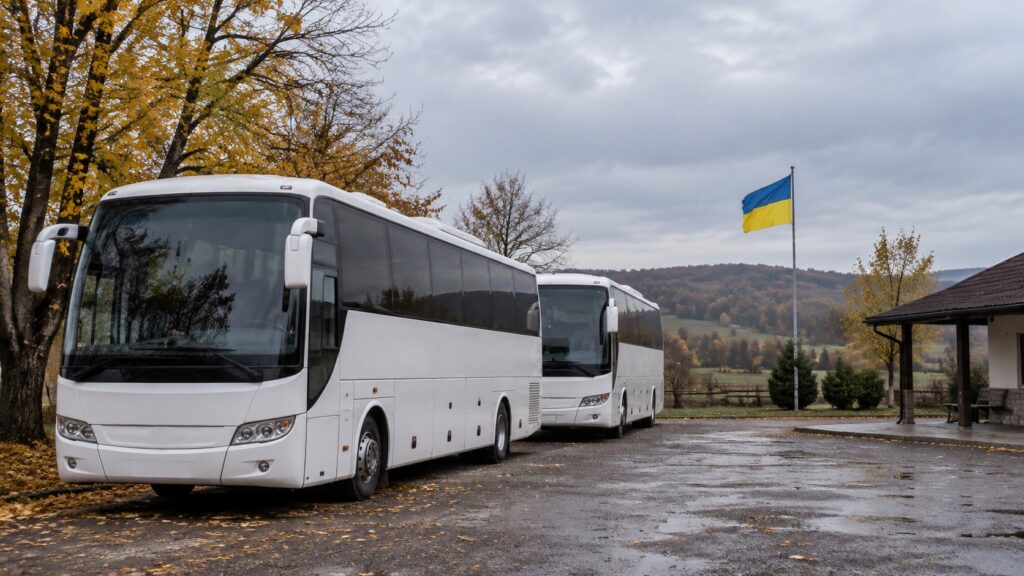 Two coaches parked beside a Ukrainian flag.