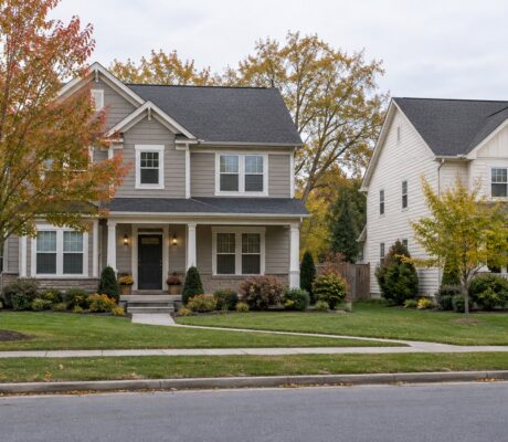 Detached homes with autumn trees beside a residential street.