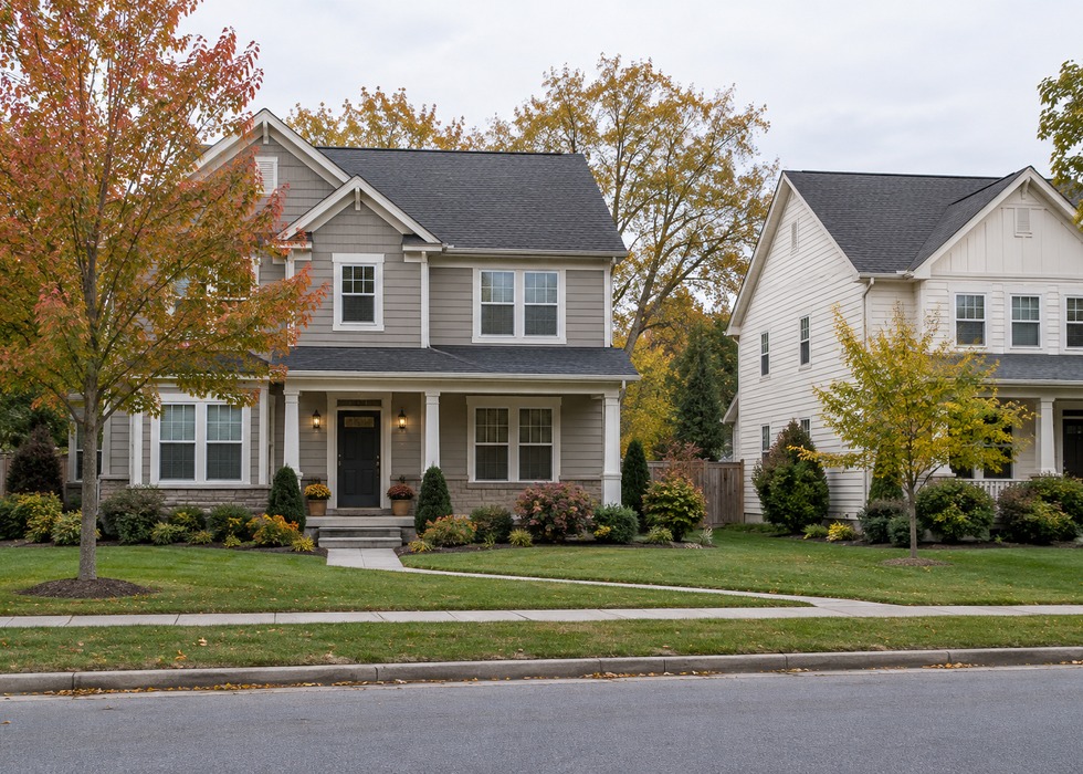 Detached homes with autumn trees beside a residential street.